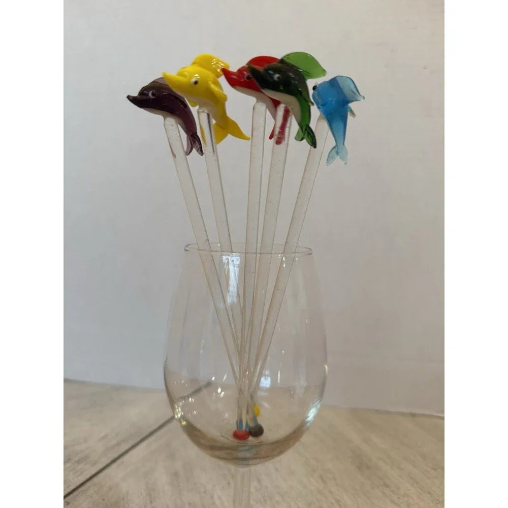 5 Murano Style Hand Blown Glass Dolphin Cocktail Stirrer Swizzle Stick Vintage